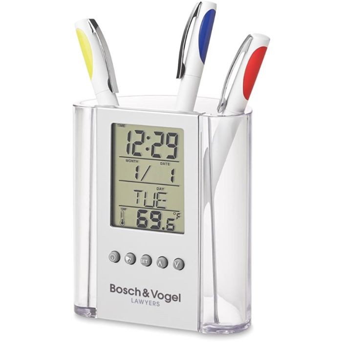 Plastic pen holder with electronic calendar clock